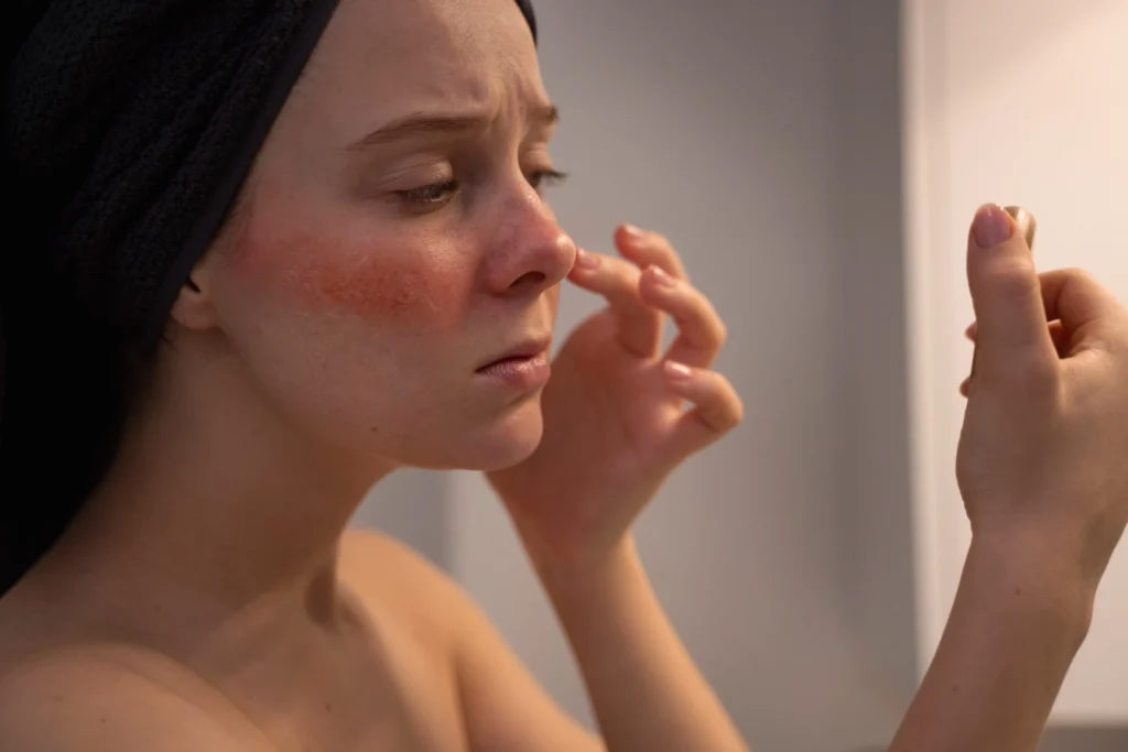 Woman showing common Damaged Skin Barrier symptoms like dryness, redness, and irritation