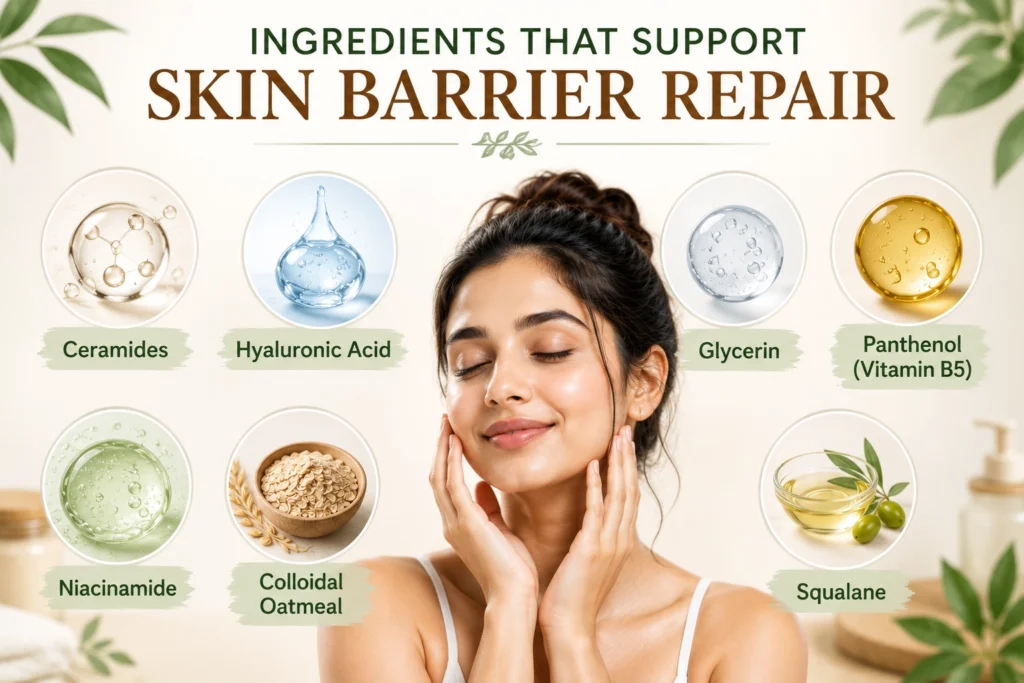 Best ingredients to repair a Damaged Skin Barrier including ceramides, hyaluronic acid, niacinamide, panthenol, glycerin, colloidal oatmeal, and aloe vera