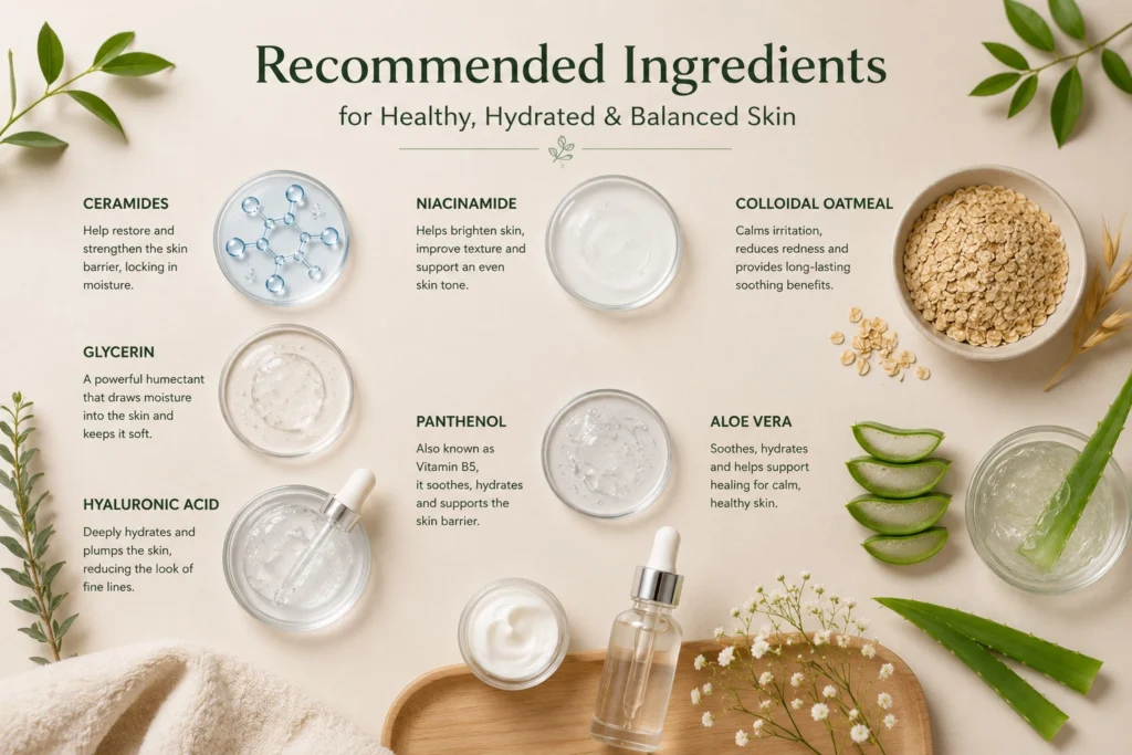 Recommended ingredients for Unscented Skincare including ceramides, glycerin, hyaluronic acid, niacinamide, panthenol, colloidal oatmeal, and aloe vera