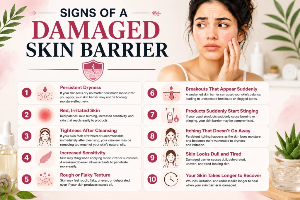 Top signs of a Damaged Skin Barrier including sensitivity, flaking, tightness, and redness