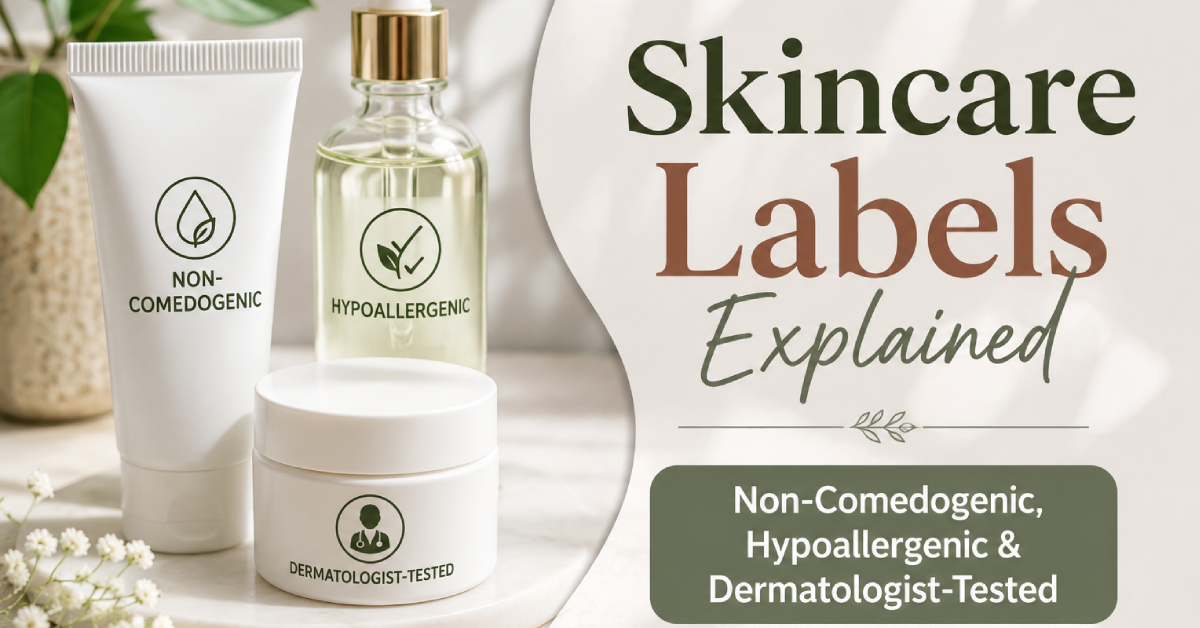 Skincare Labels Explained with non-comedogenic, hypoallergenic, and dermatologist-tested product claims