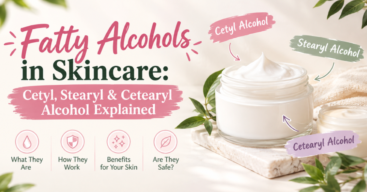 Fatty Alcohols in Skincare explained with common types like cetyl, stearyl, and cetearyl alcohol